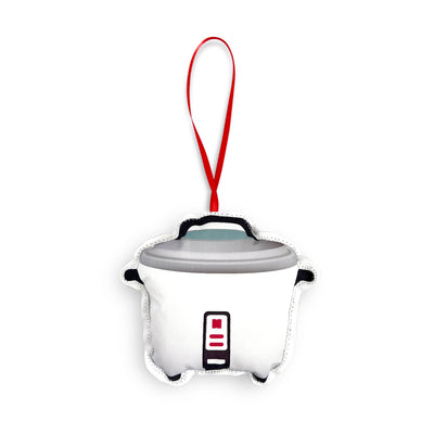 White and gray container with a red handle on a white background