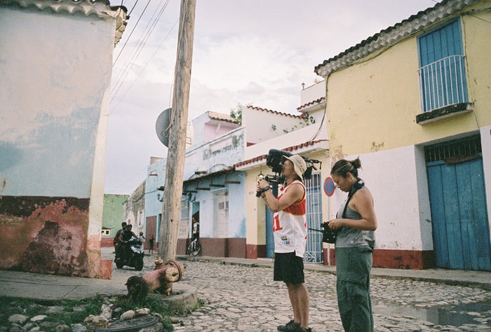 Photo of author and a friend working with large cameras