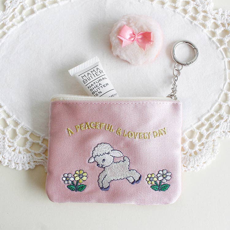 Embroidered Zip Pouch with Chain Ring