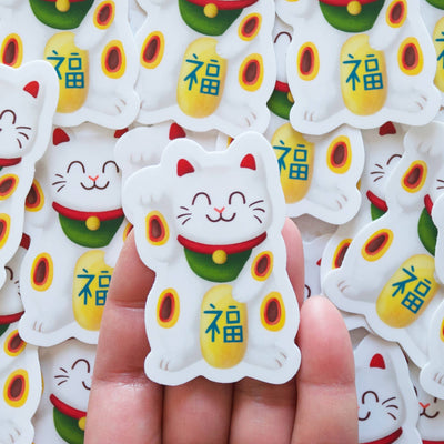 White Lucky Cat Vinyl Sticker