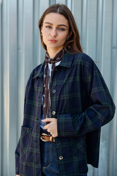 Navy Plaid Button Front Pocket Jacket