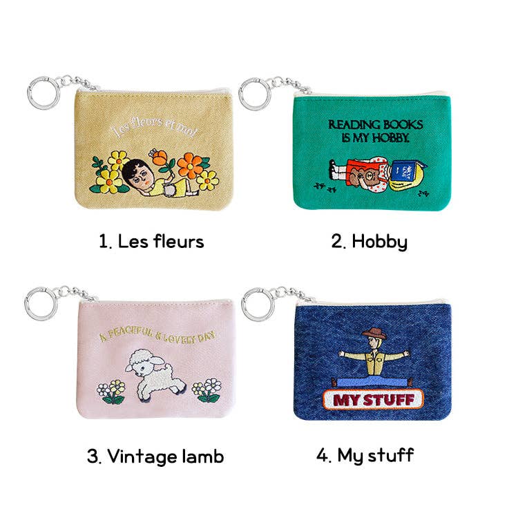 Embroidered Zip Pouch with Chain Ring