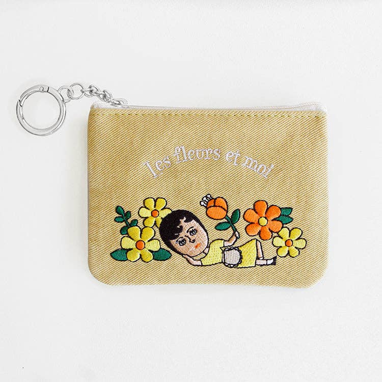Embroidered Zip Pouch with Chain Ring