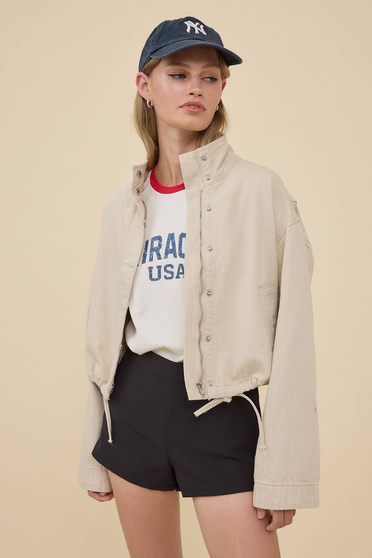 Stand Collar Drawstring Hem Jacket