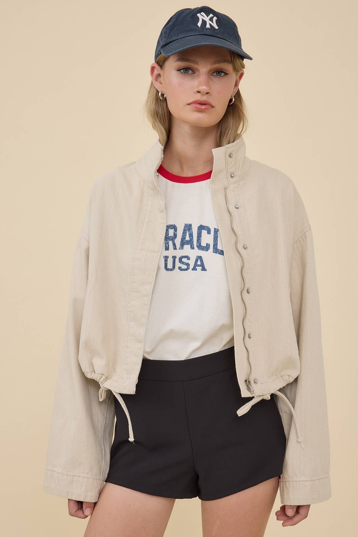 Stand Collar Drawstring Hem Jacket