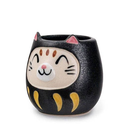 Japanese Daruma Cat Yunomi Style Tea Cup - Black