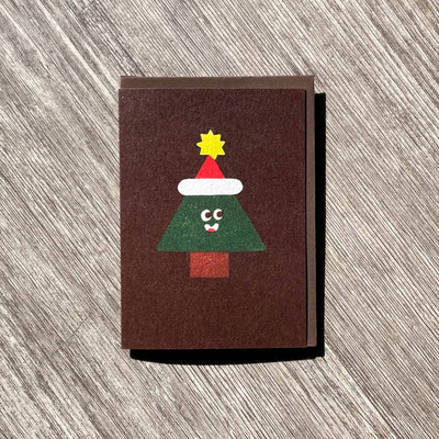 Christmas Tree Santa Hat Brown Card