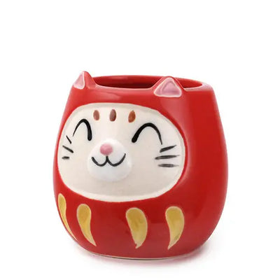 Japanese Daruma Cat Yunomi Style Tea Mug - Red
