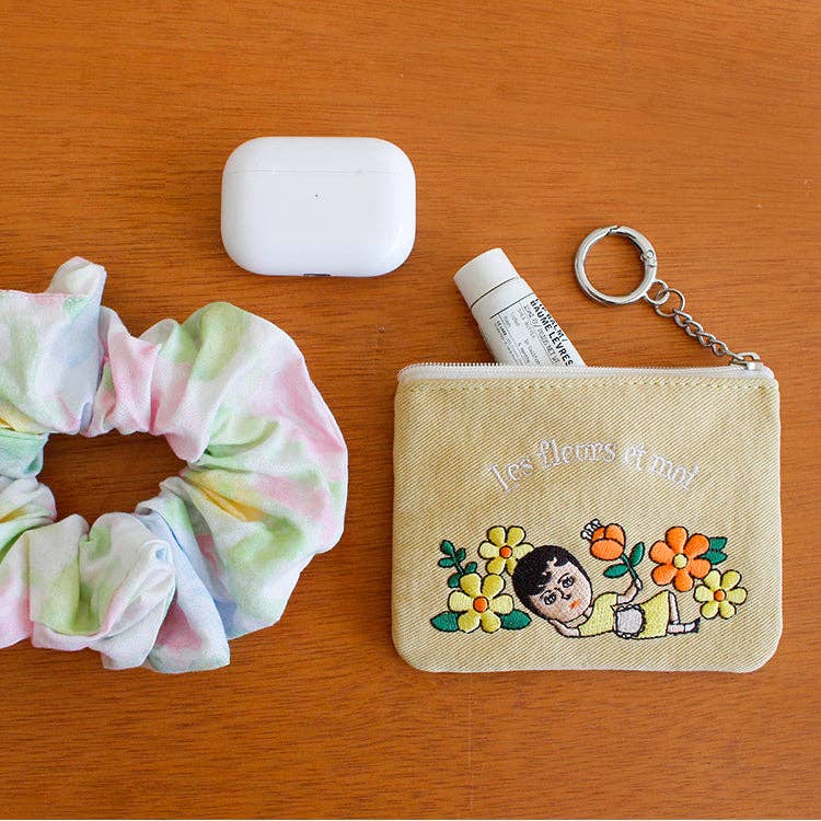Embroidered Zip Pouch with Chain Ring