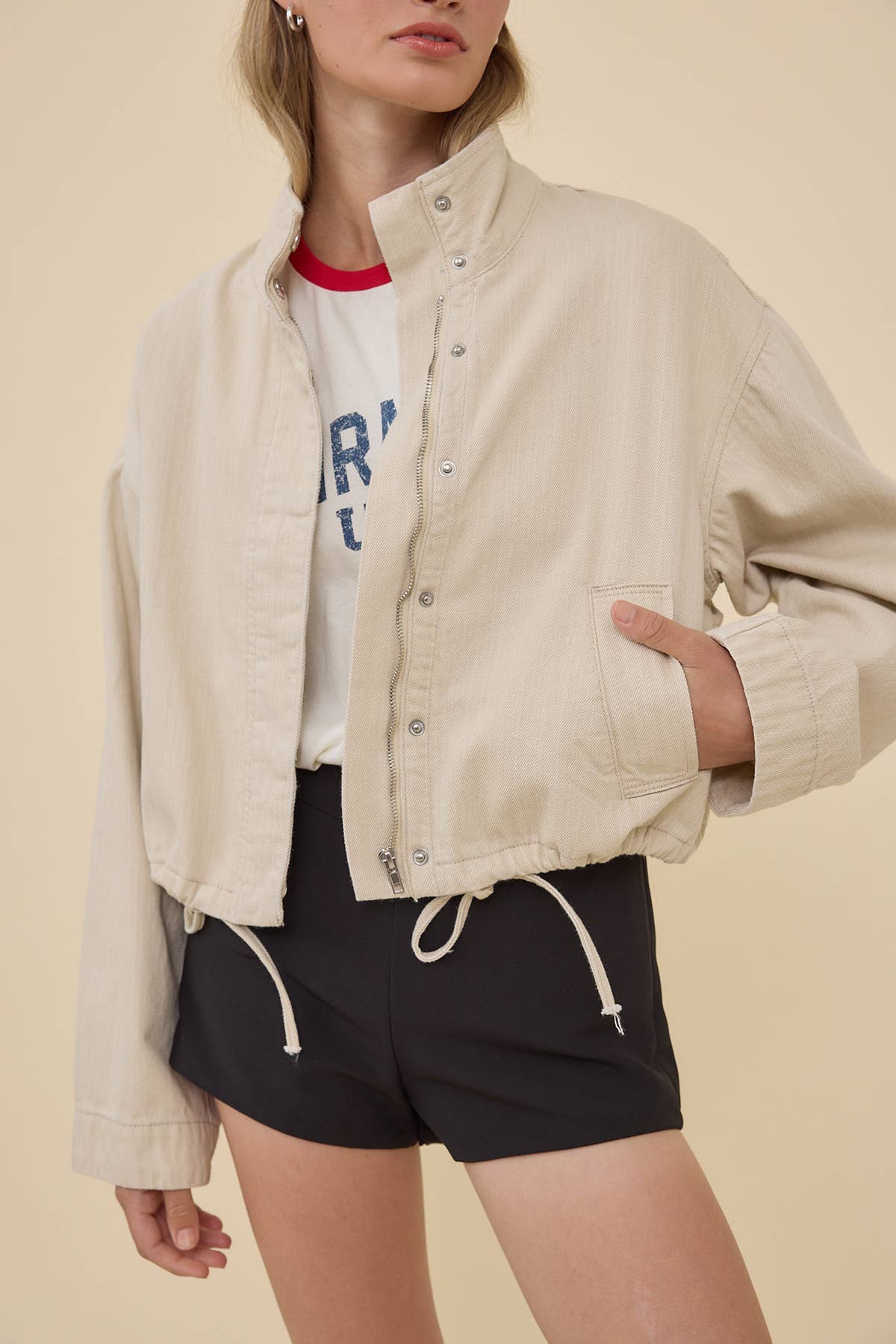 Stand Collar Drawstring Hem Jacket