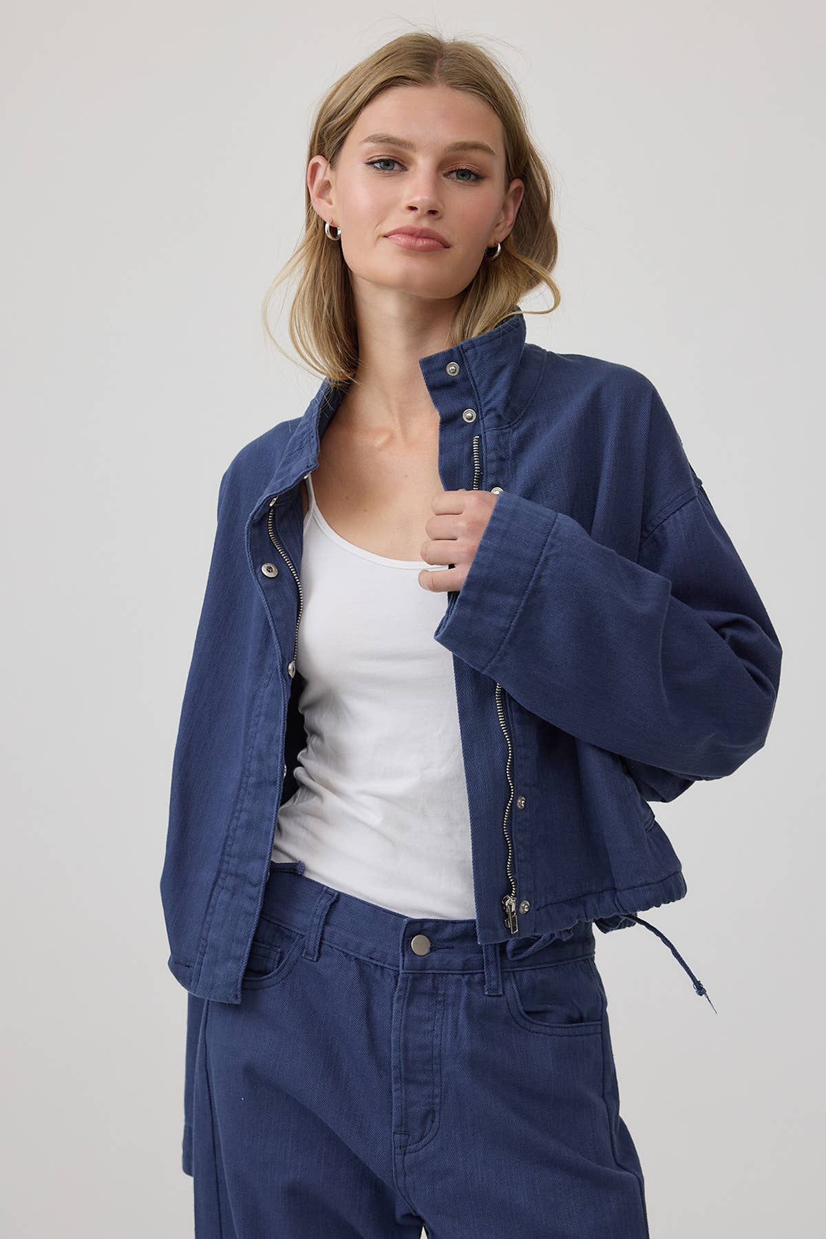Stand Collar Drawstring Hem Jacket