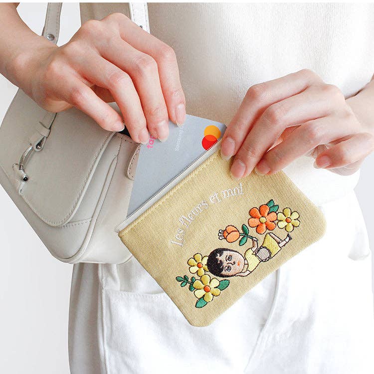 Embroidered Zip Pouch with Chain Ring