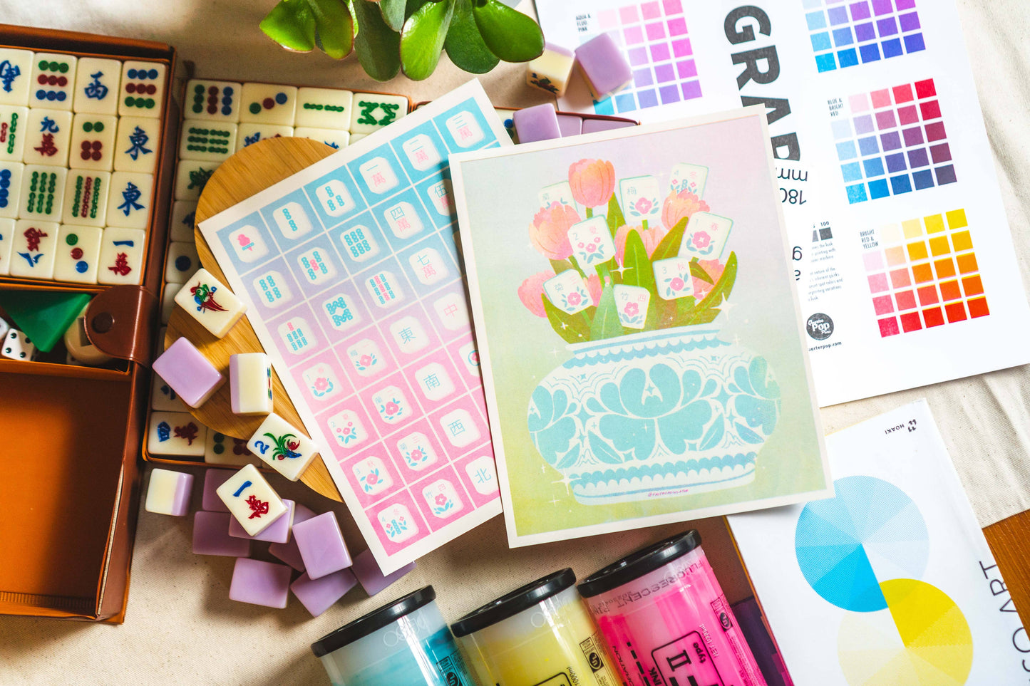 Mahjong Flowers Risograph Print