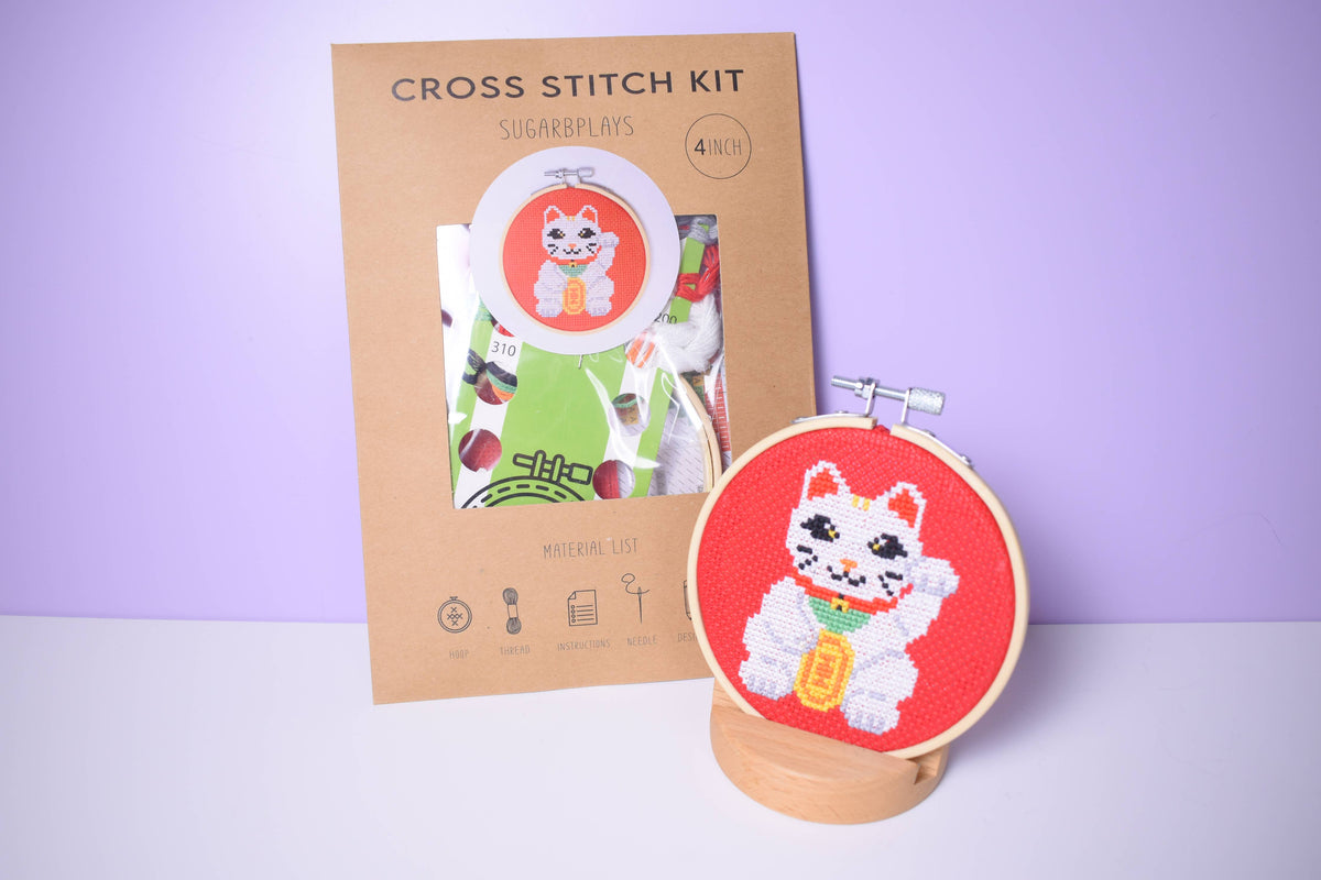 Maneki-neko Lucky Cat Cross Stitch Kit