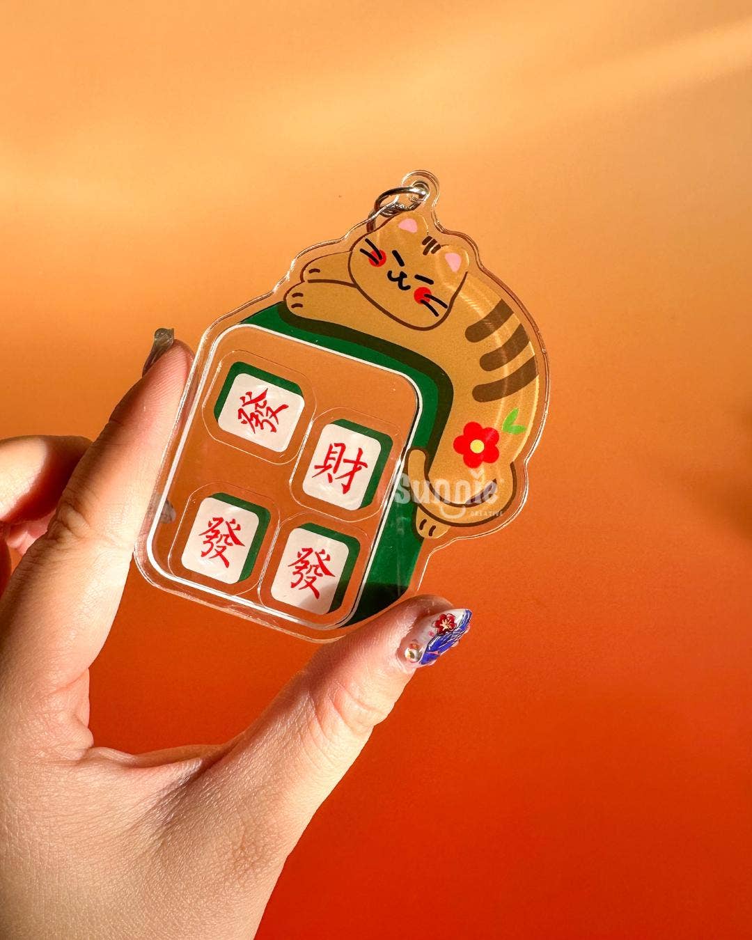 Mahjong "Get Rich" Cat Shaker Acrylic Keychain