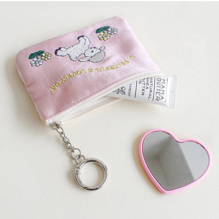 Embroidered Zip Pouch with Chain Ring