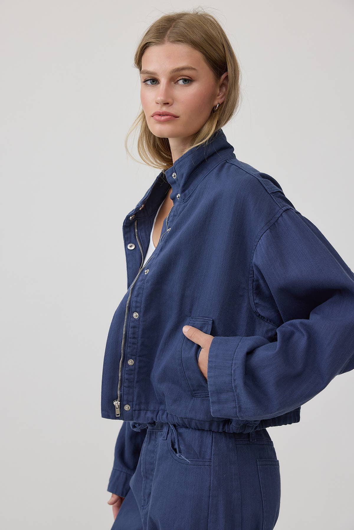 Stand Collar Drawstring Hem Jacket
