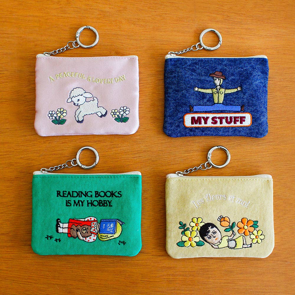 Embroidered Zip Pouch with Chain Ring