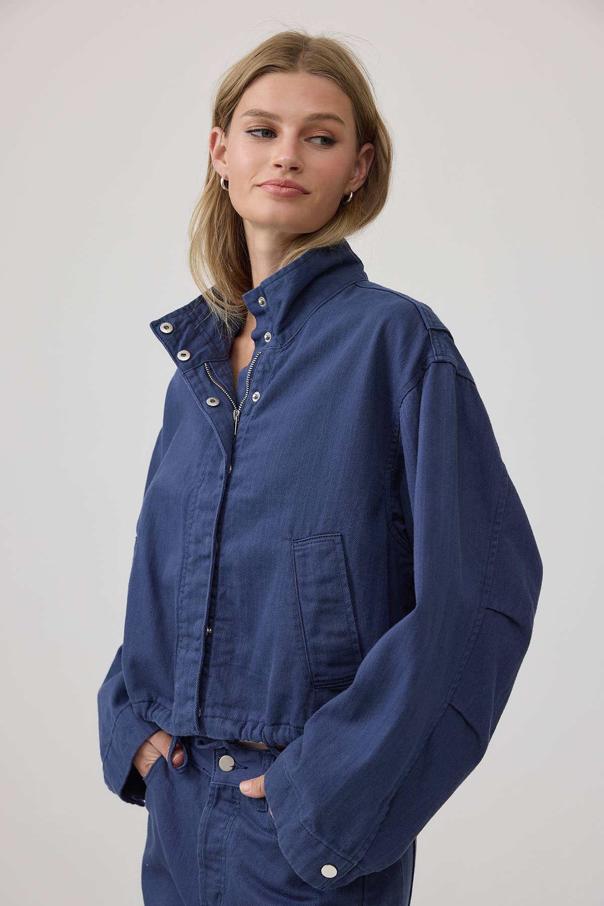 Stand Collar Drawstring Hem Jacket