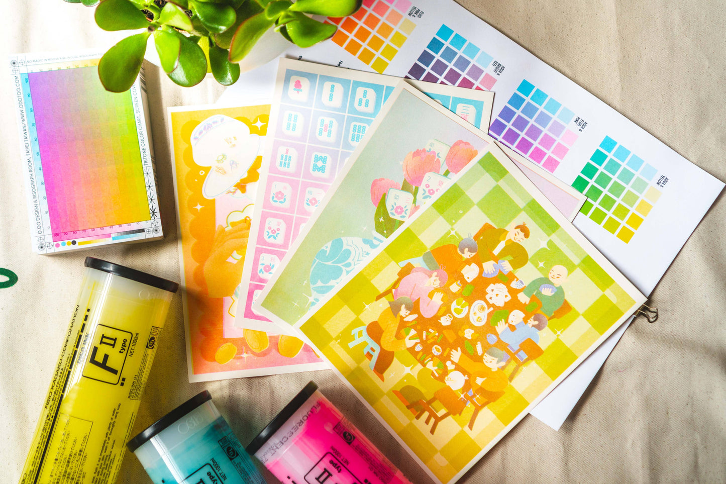 Mahjong Flowers Risograph Print