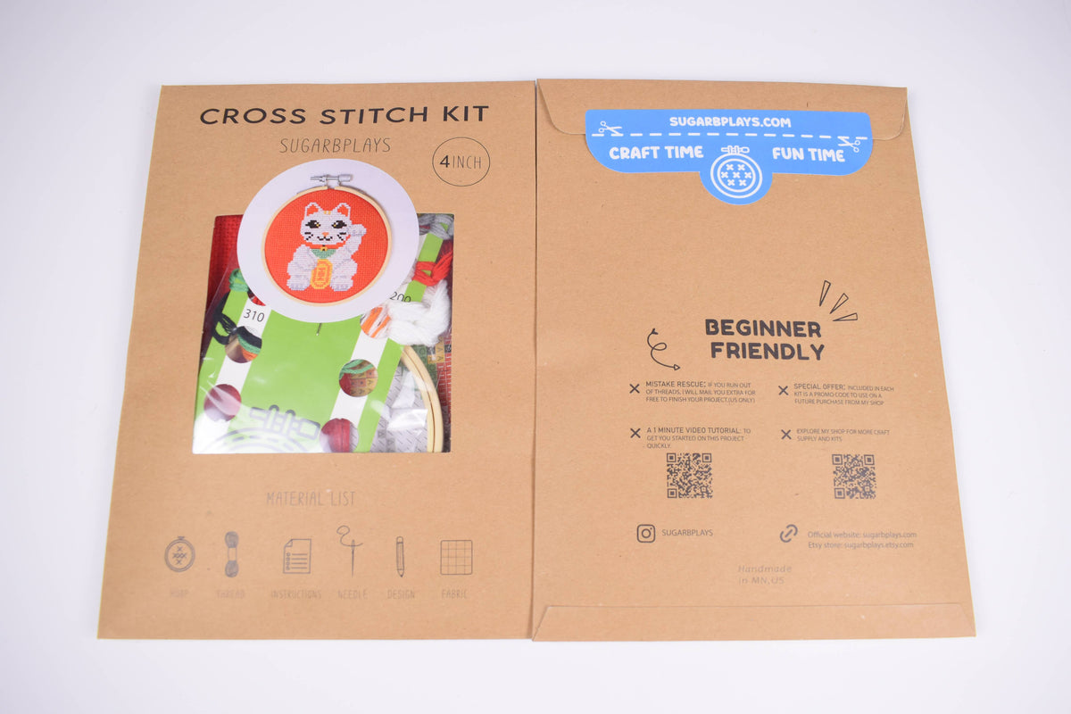 Maneki-neko Lucky Cat Cross Stitch Kit