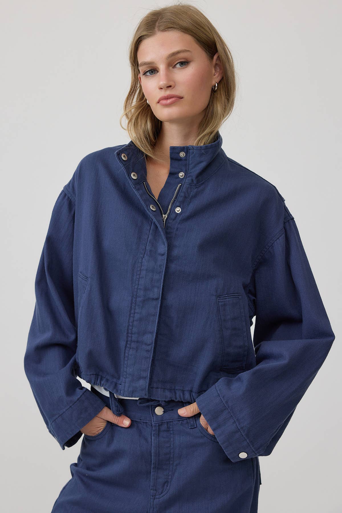 Stand Collar Drawstring Hem Jacket
