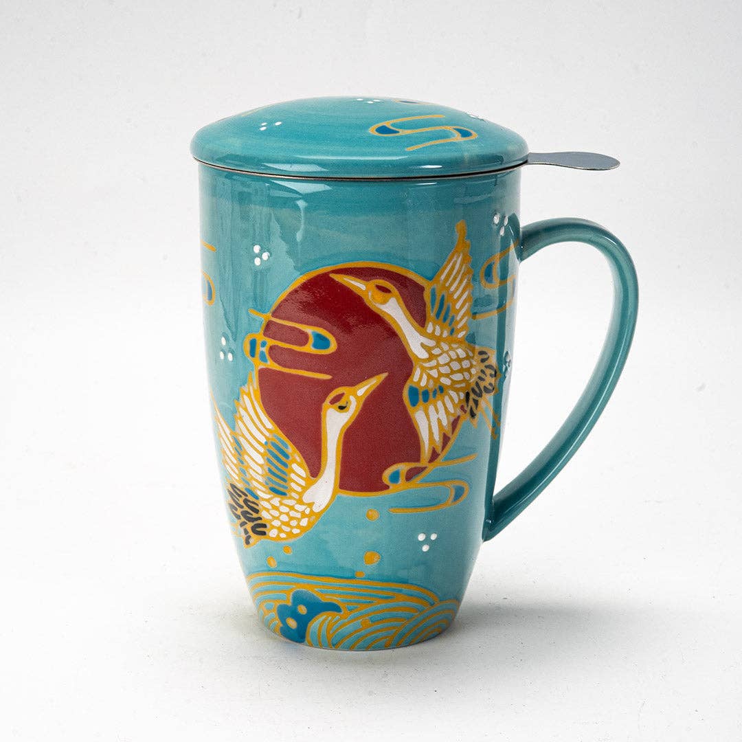 Japanese Crane Tea Mug with Lid and Infuser