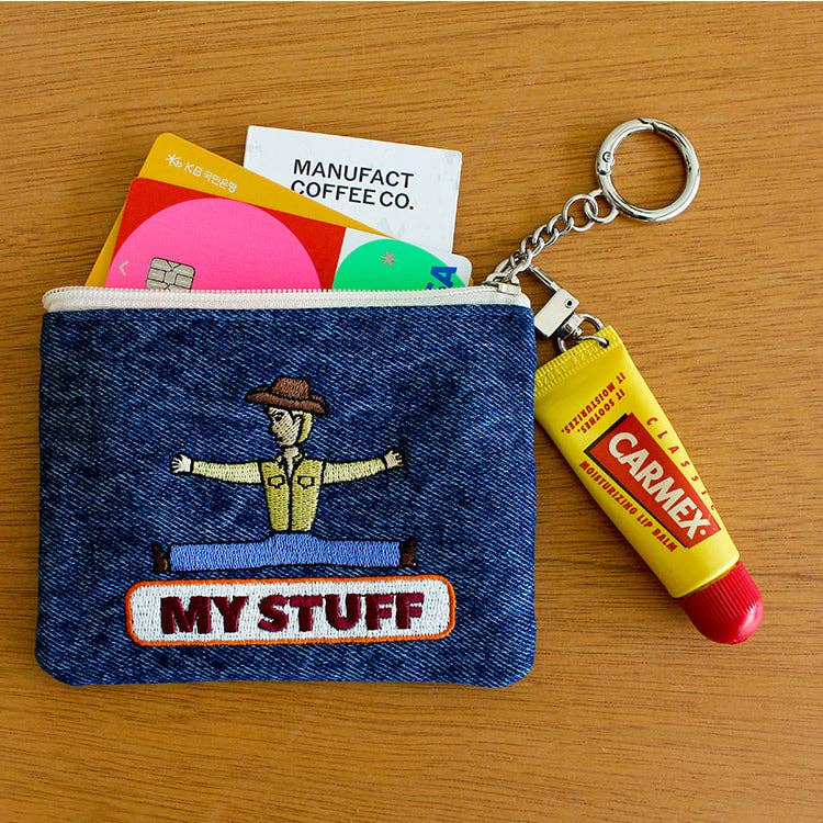 Embroidered Zip Pouch with Chain Ring
