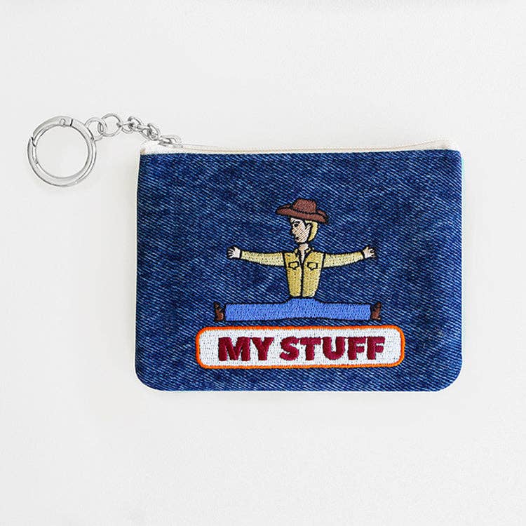 Embroidered Zip Pouch with Chain Ring