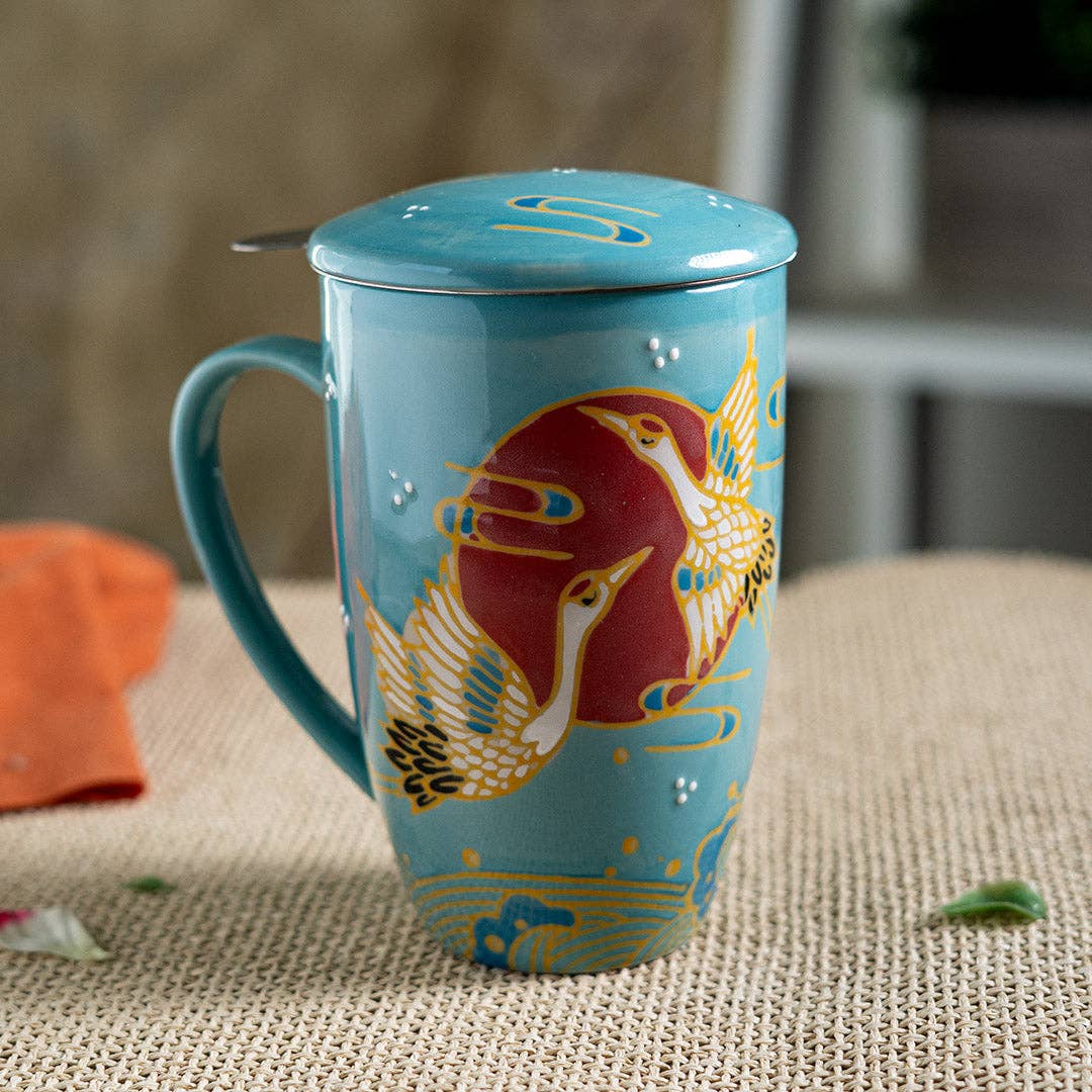 Japanese Crane Tea Mug with Lid and Infuser
