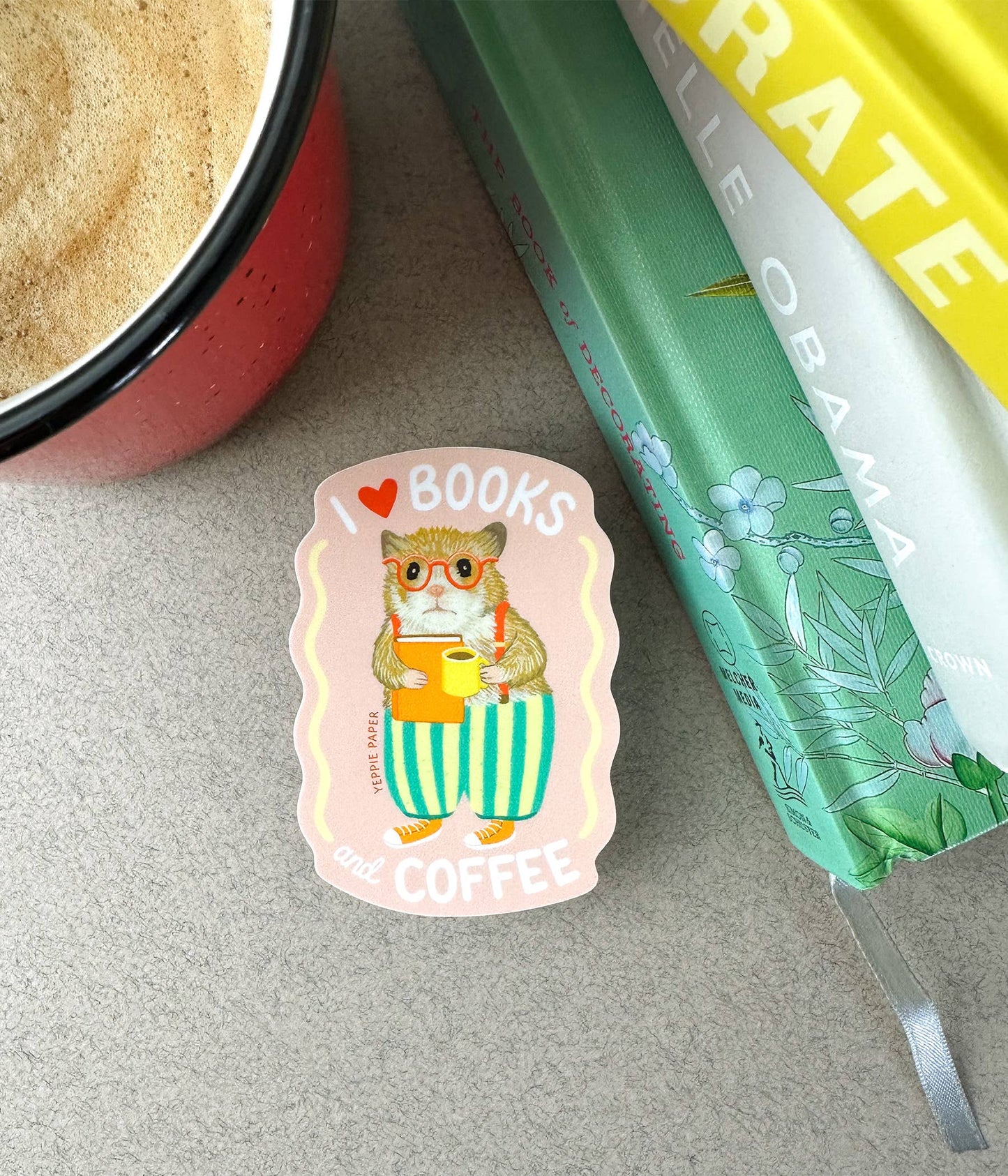 Books and Coffee Loving Hamster Sticker