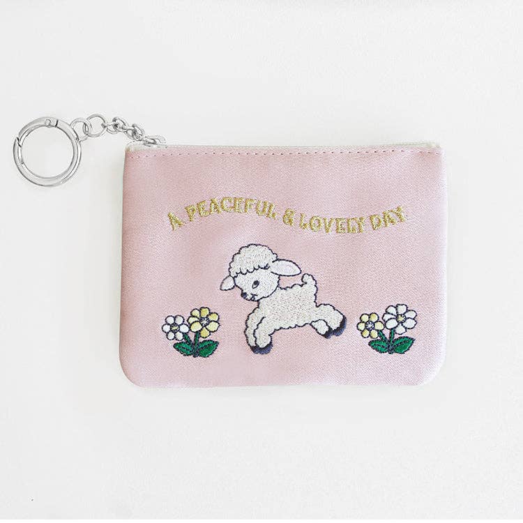 Embroidered Zip Pouch with Chain Ring