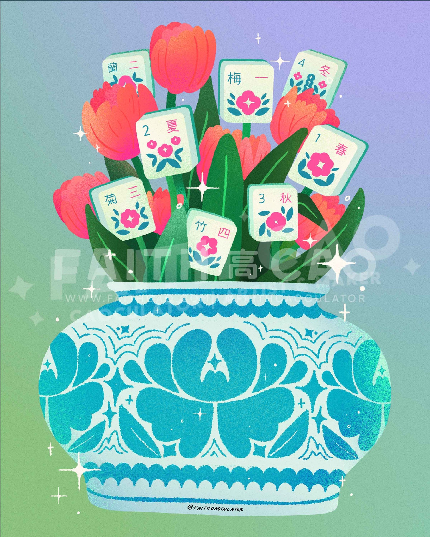 Mahjong Flowers Risograph Print