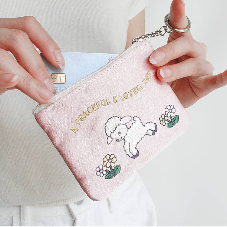 Embroidered Zip Pouch with Chain Ring