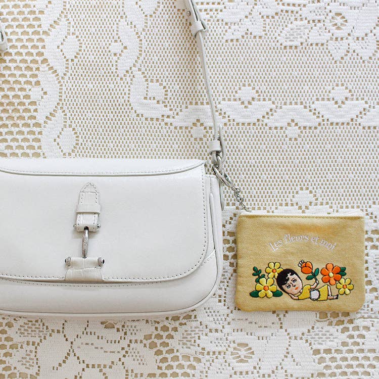 Embroidered Zip Pouch with Chain Ring