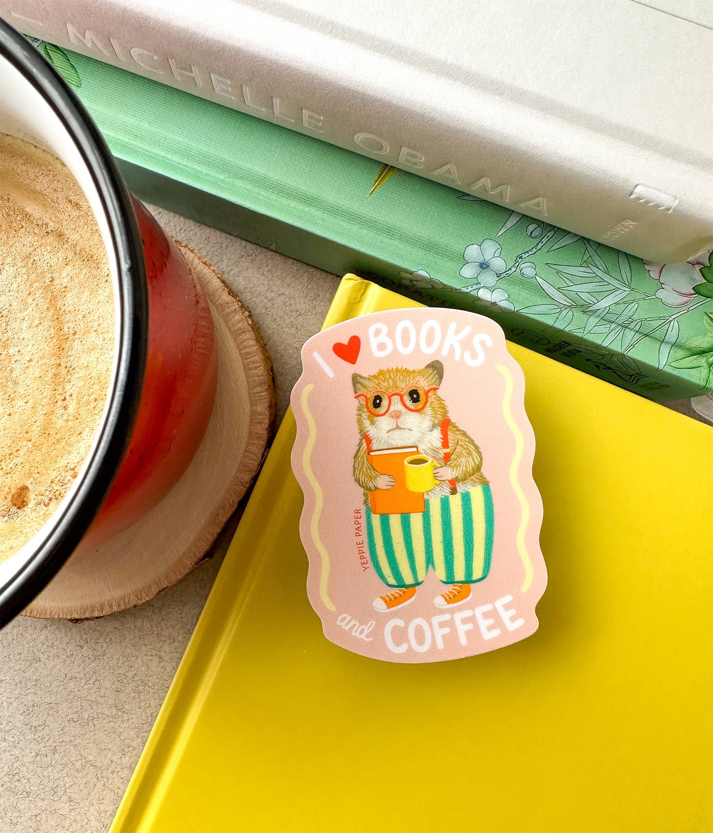 Books and Coffee Loving Hamster Sticker