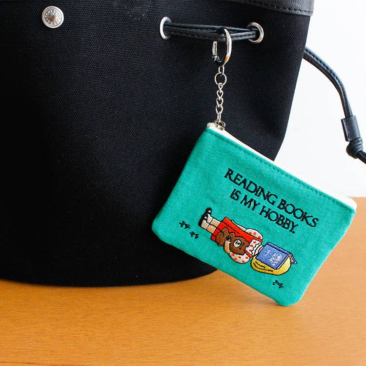 Embroidered Zip Pouch with Chain Ring
